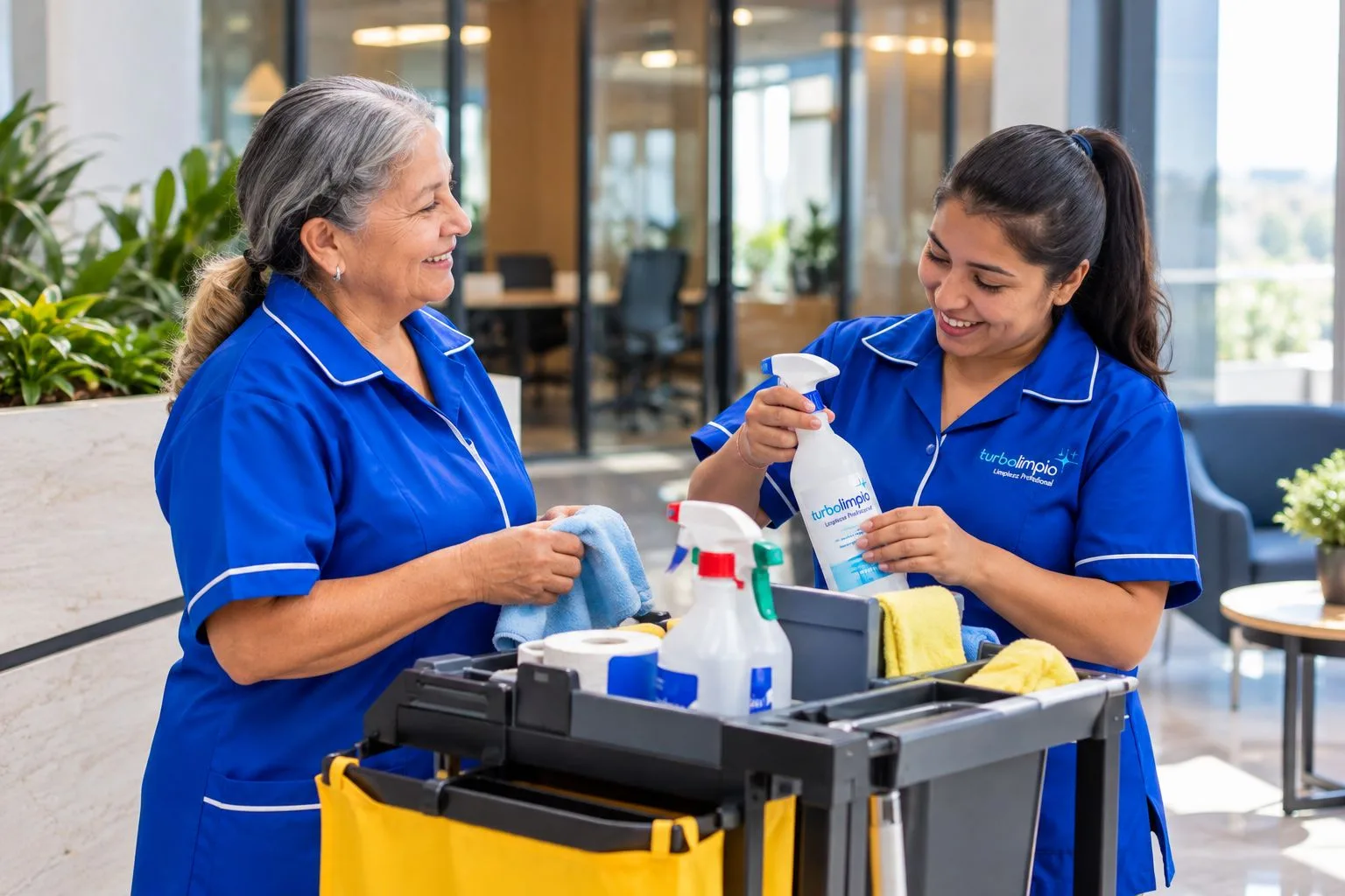Dos integrantes del equipo de Turbolimpio preparan insumos para un servicio de limpieza.